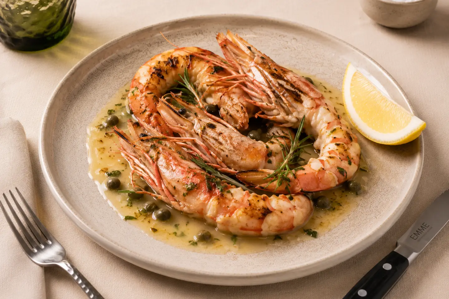 Gamberoni con salsa al limone, capperi e rosmarino